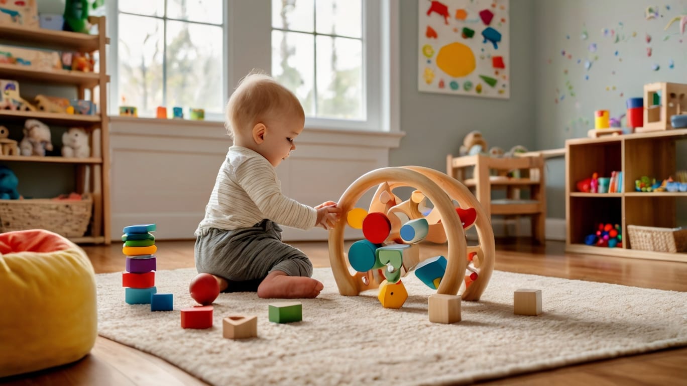 Montessori-inspired playroom with a variety of toys and a safe environment for activities to encourage physical development in infants.