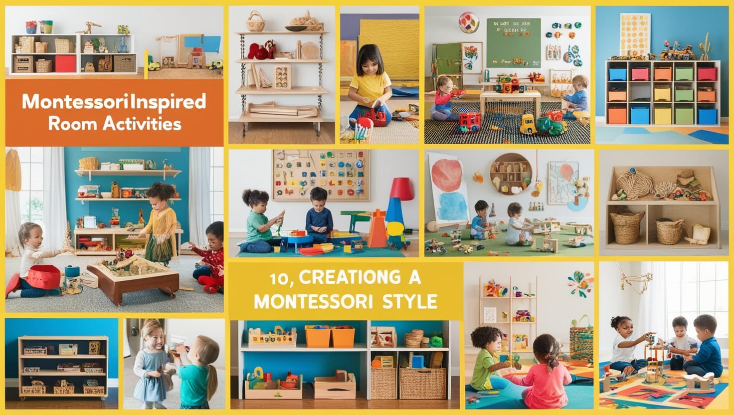 Collage of Montessori room ideas and activities promoting physical development in infants through creative decor and DIY projects.