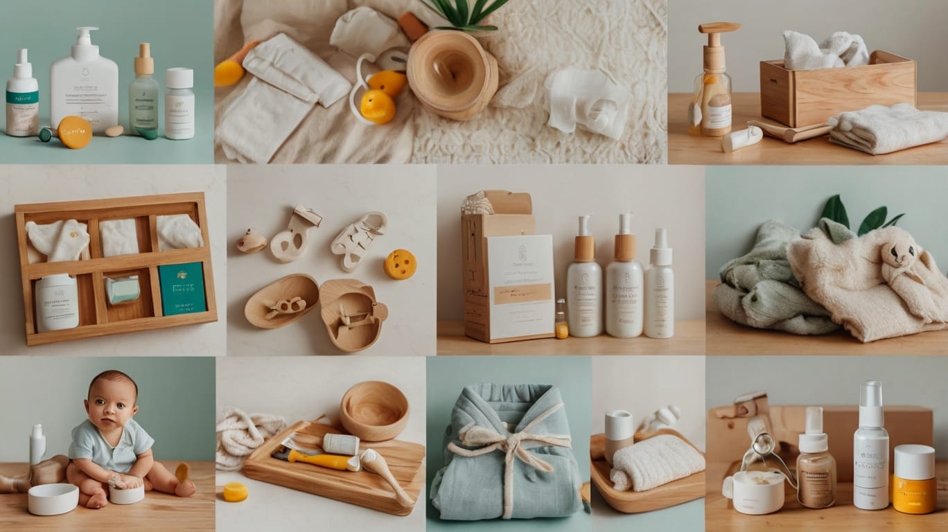Collage of Montessori-inspired baby care essentials promoting natural living and activities for infant development.